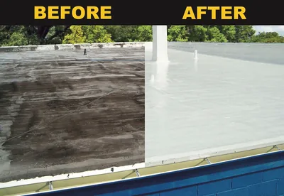 Before and after view of a commercial flat roof restored with a roof coating