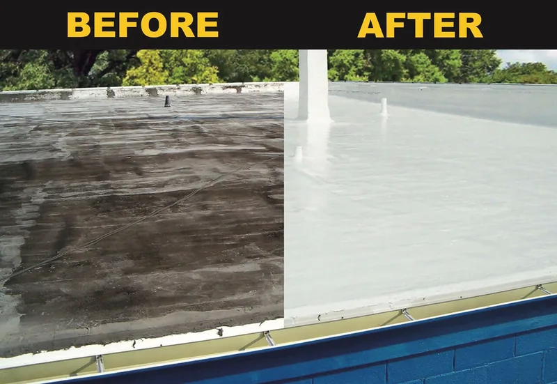 Before and after a commercial roof coating restoration by John Beal Roofing