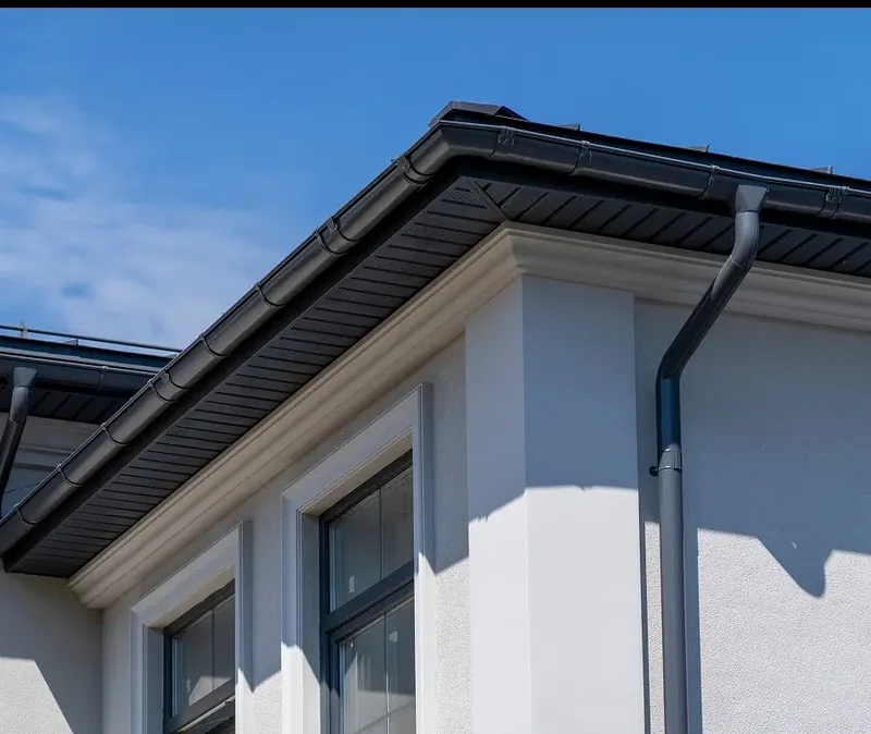 Close-up of new gutters and downspout on a home — John Beal Roofing gutter installation in Ballwin, MO