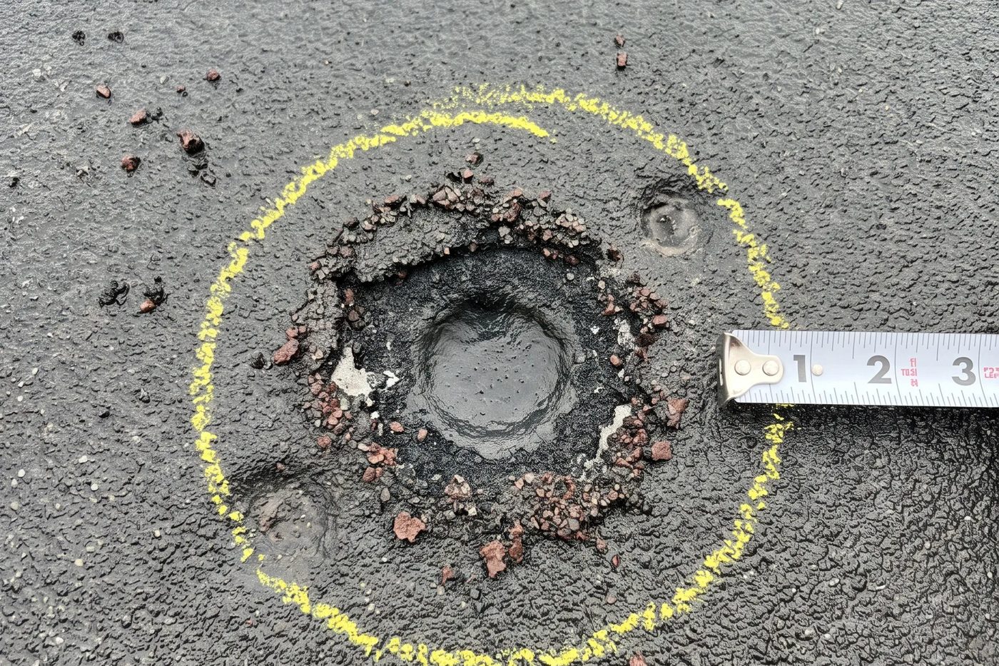 Close-up of a hail impact bruise on an asphalt shingle with granules knocked away, circled in chalk for an insurance adjuster