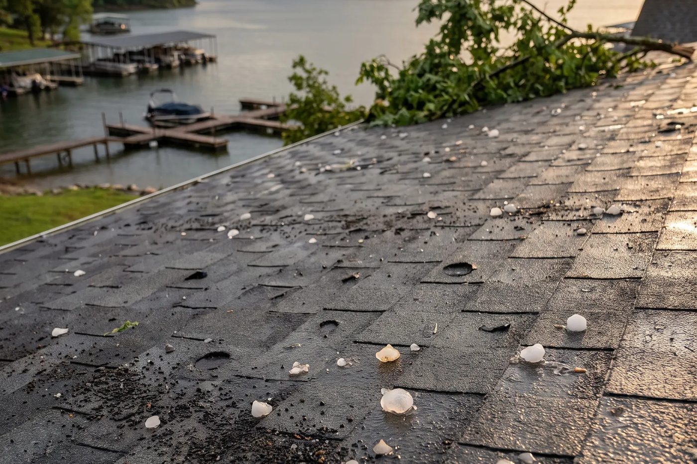 Hailstones and storm debris scattered across an asphalt shingle roof at a Lake of the Ozarks home after the September 16, 2026 storm