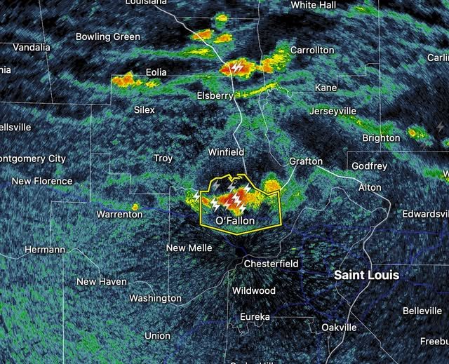 National Weather Service radar showing the severe thunderstorm warning polygon over O&rsquo;Fallon, Missouri with hail and lightning indicators on September 17, 2026