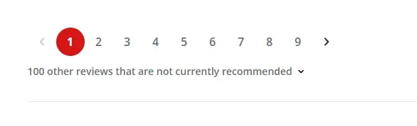 Yelp pager showing pages 1 through 9 and the line 100 other reviews that are not currently recommended