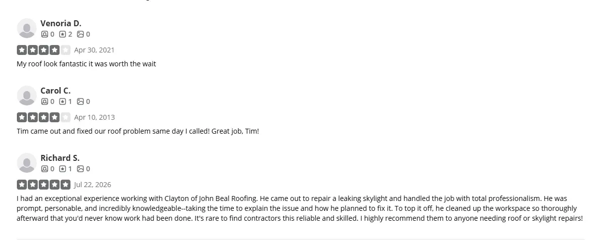 Yelp not currently recommended list showing Venoria D four stars on April 30 2021, Carol C four stars on April 10 2013, and Richard S five stars on July 22 2026