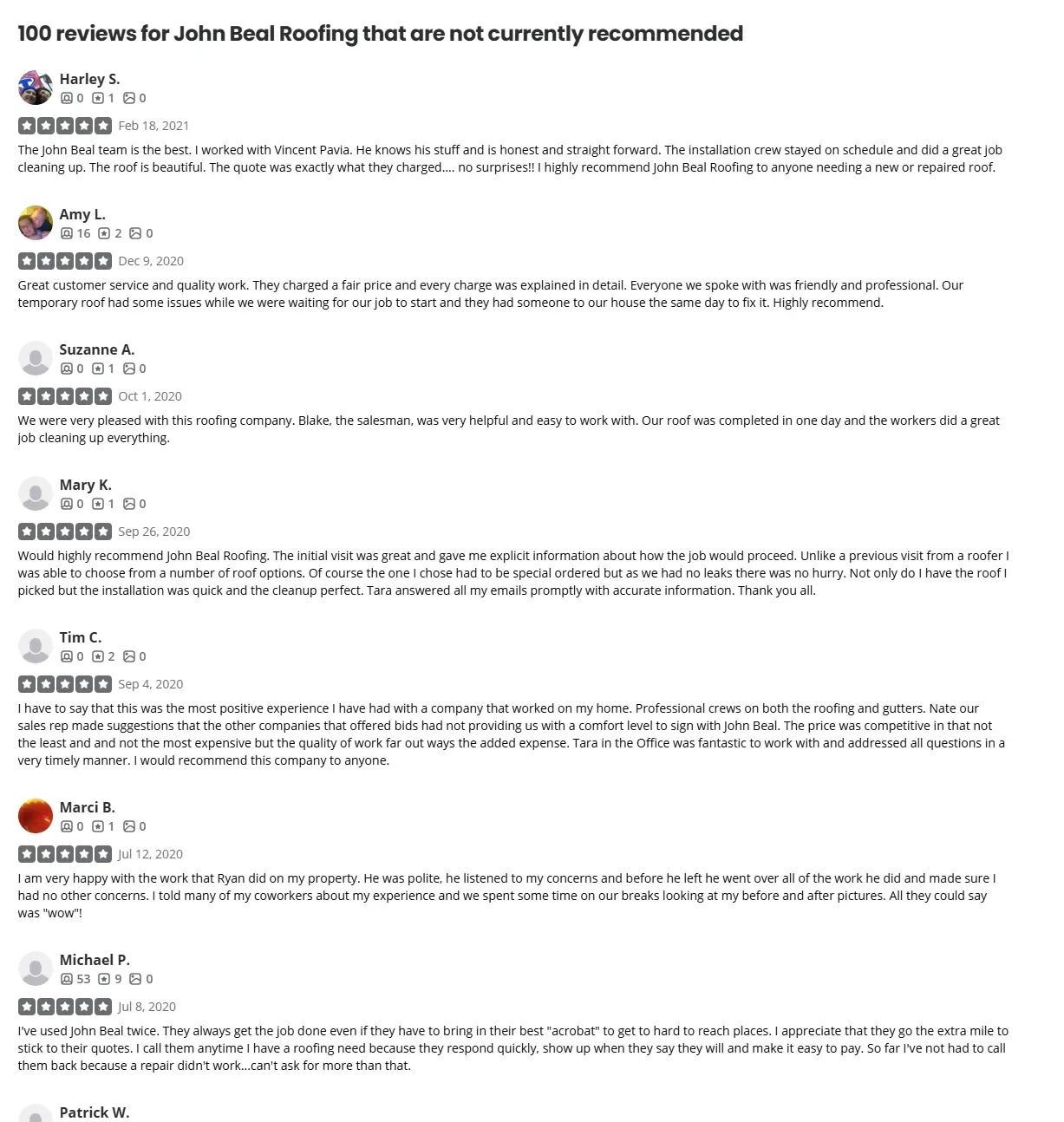 Yelp not currently recommended reviews for John Beal Roofing from 2020 and 2021, including Harley S, Amy L, Suzanne A, Mary K, Tim C, Marci B and Michael P, each showing five stars