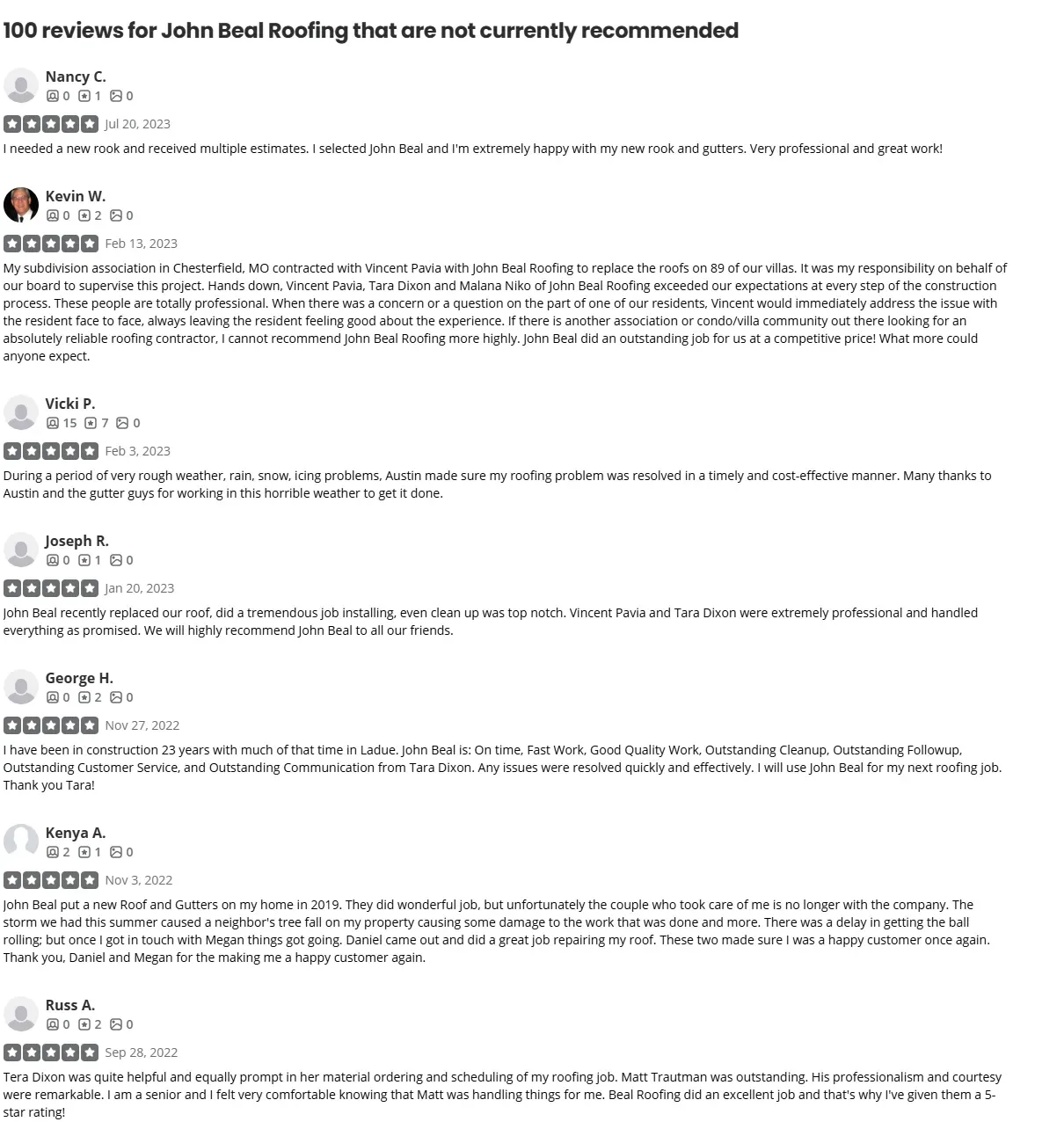 Yelp not currently recommended five-star reviews for John Beal Roofing from 2022 and 2023 including Nancy C, Kevin W, Vicki P, Joseph R, George H, Kenya A and Russ A