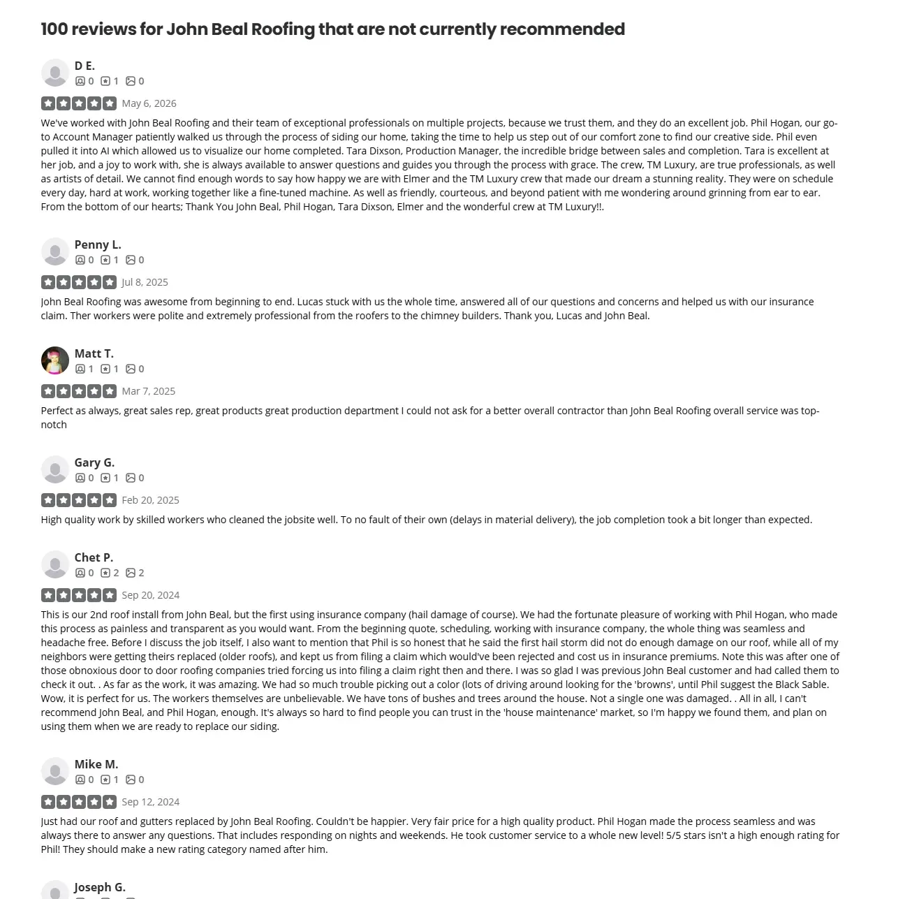 Yelp not currently recommended five-star reviews for John Beal Roofing from 2024, 2025 and 2026 including D E, Penny L, Matt T, Gary G, Chet P and Mike M