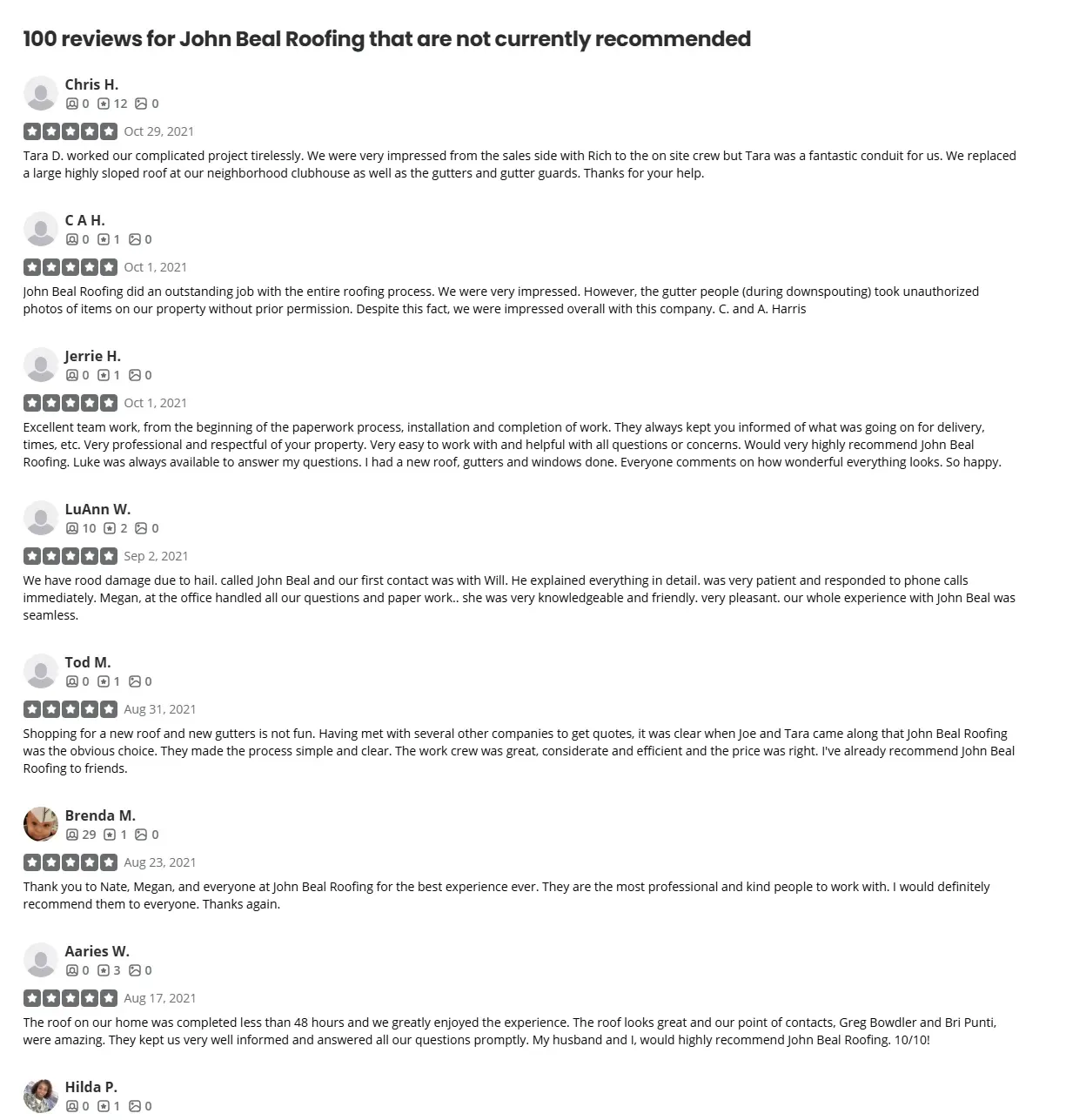 Yelp not currently recommended five-star reviews for John Beal Roofing from late 2021 including Chris H, C A H, Jerrie H, LuAnn W, Tod M, Brenda M and Aaries W