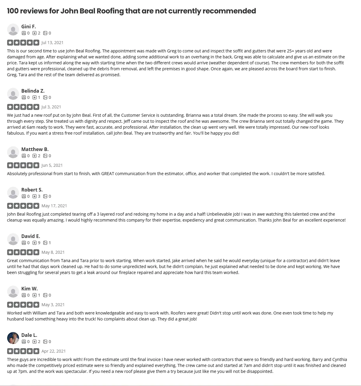 Yelp not currently recommended five-star reviews for John Beal Roofing from mid 2021 including Gini F, Belinda Z, Matthew B, Robert S, David E, Kim W and Dale L