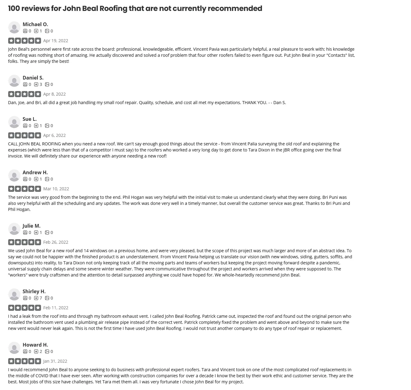 Yelp not currently recommended five-star reviews for John Beal Roofing from spring 2022 including Michael O, Daniel S, Sue L, Andrew H, Julie M, Shirley H and Howard H