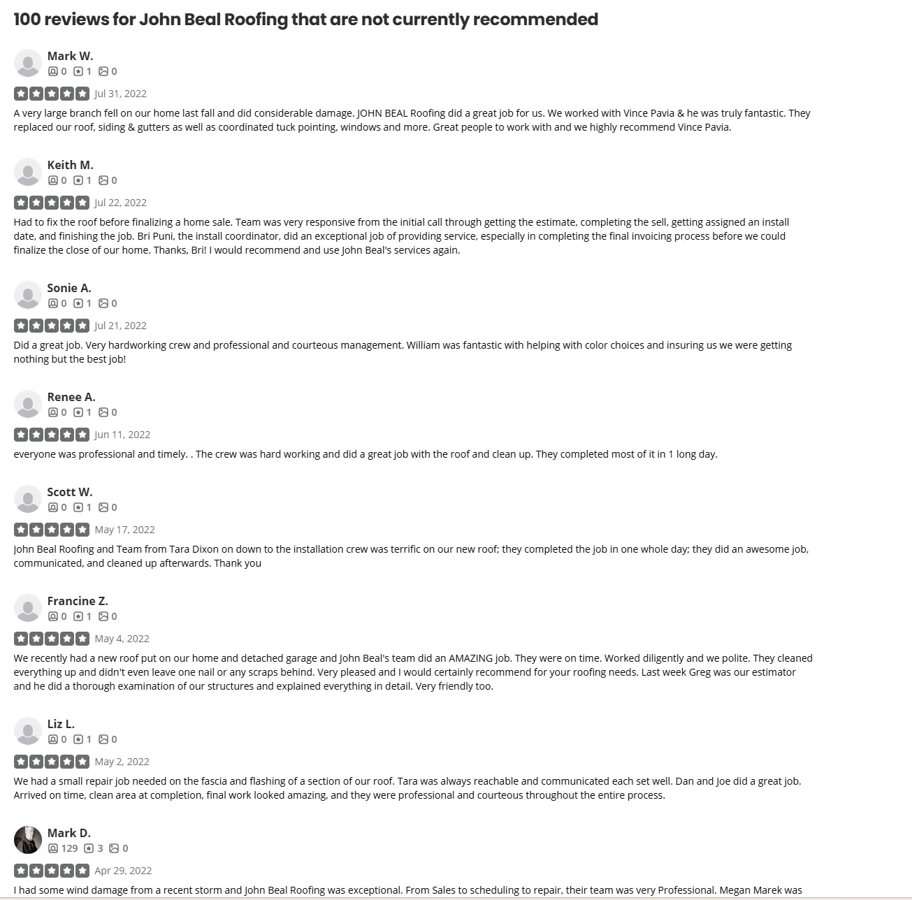 Yelp not currently recommended five-star reviews for John Beal Roofing from summer 2022 including Mark W, Keith M, Sonie A, Renee A, Scott W, Francine Z and Liz L