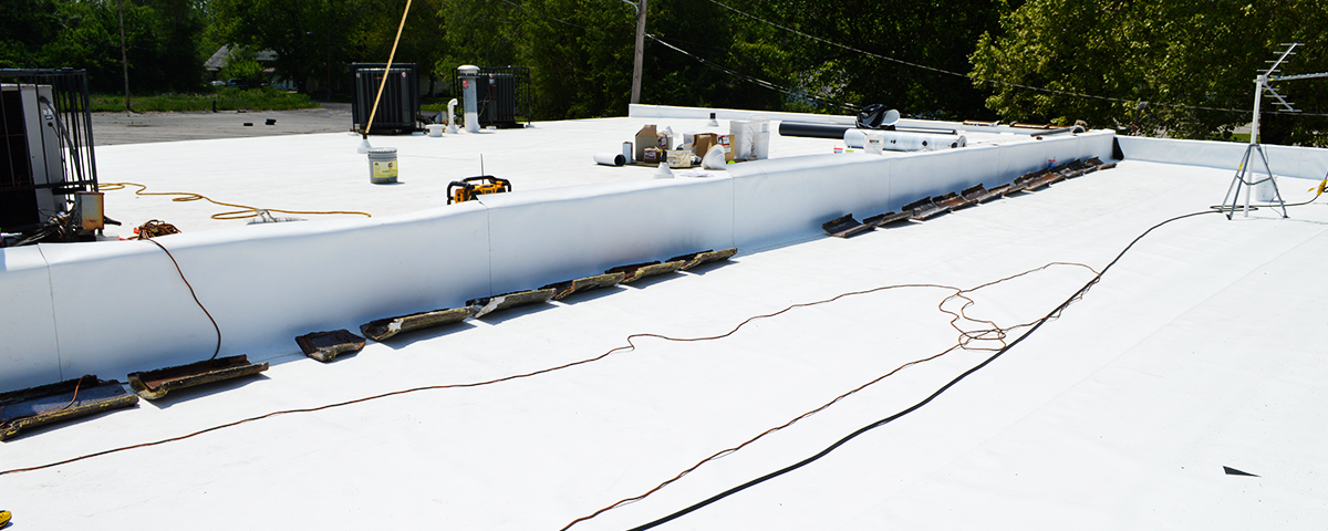 A TPO roof that is being installed.