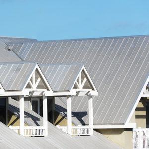 A sloped metal roof on a home. 