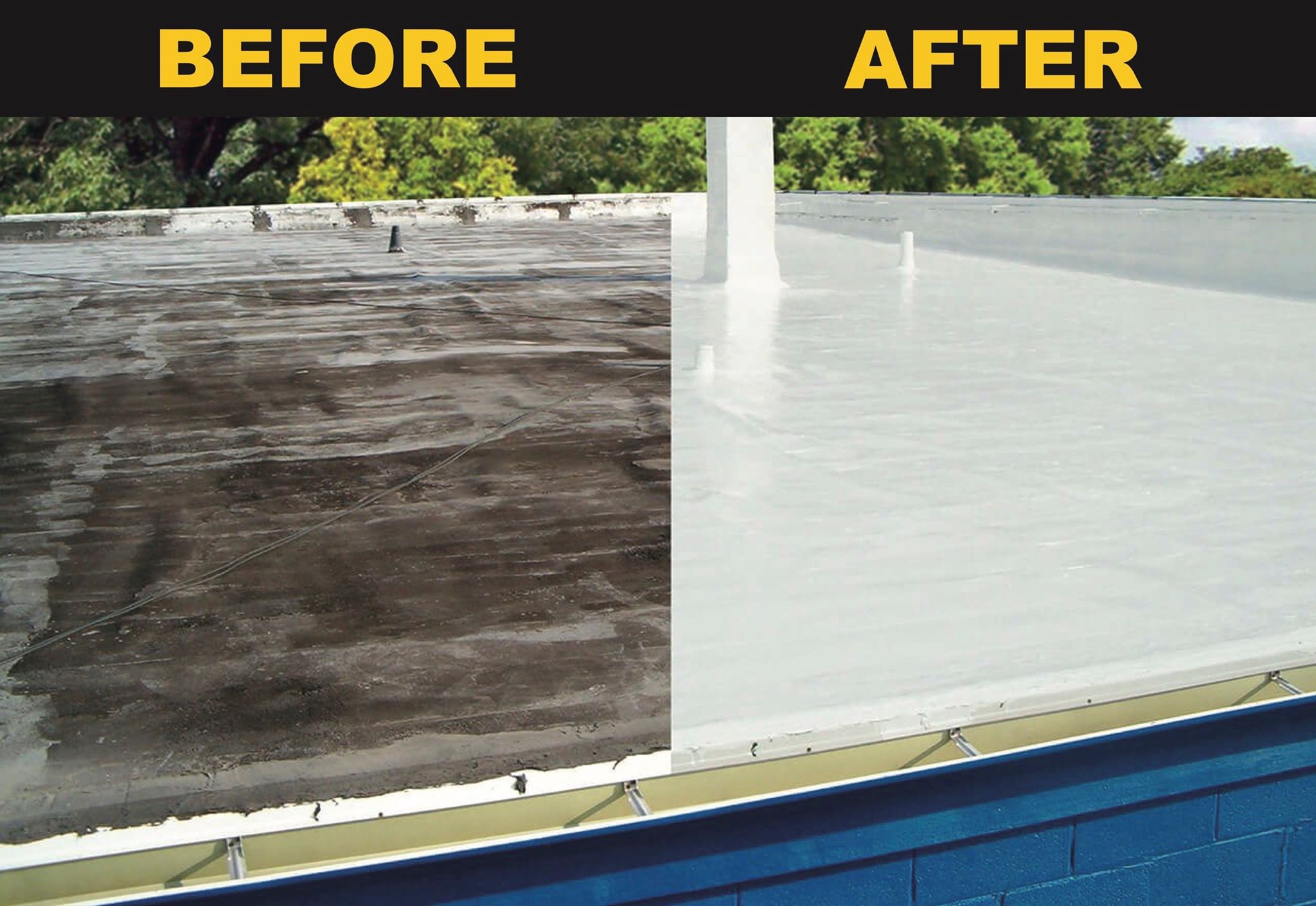 A before and after of a new liquid coated roof.